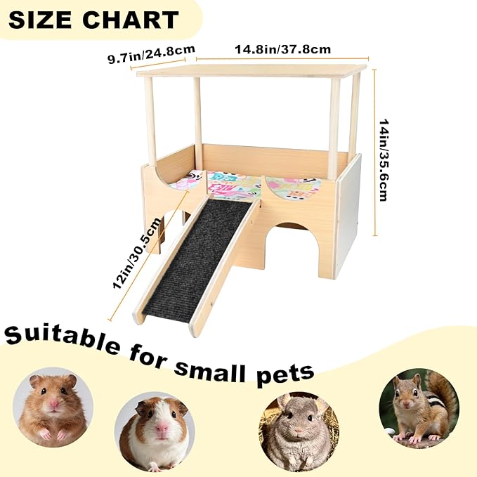 Upgraded Guinea Pig Castle, Sturdy Wooden Guinea Pig Hideout, Cozy Habitat Hut with Ladder for Playing & Hiding, Easy-to-Assemble House Bed for Hamsters, Rabbits and Chinchillas