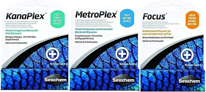 Metroplex METRONlDAZOLE Focus Kanaplex Paraguard Neoplex Sulfaplex Polyguard Garlic Guard Saltwater Freshwater Aquarium lnfection ANTlBlOTlC (Metroplex + Kanaplex + Focus)