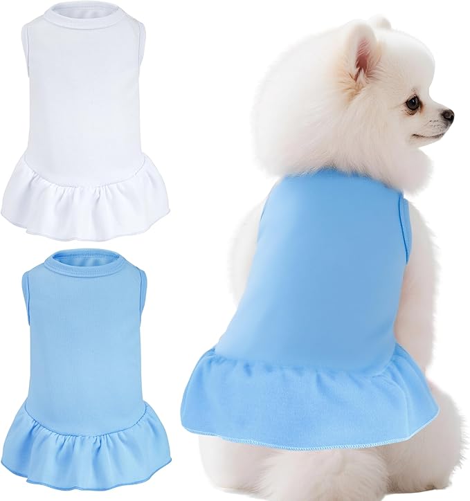 2 Pcs Dog Dresses Cat Skirt Solid Color Dog Clothes Summer Sleeveless Puppy Girl Clothes for Small Pet Dogs Cats (White,Blue, Large)