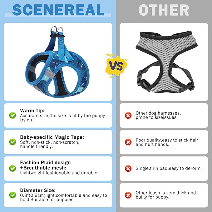 SCENEREAL Small Dog Harness and Leash Collar Set, Step in No Pull Soft Mesh Dog Harnesses for Small Medium Sized Dogs Puppy and Cats Outdoor Walking, No Chock Reflective Vest Harness, Blue Plaid XS