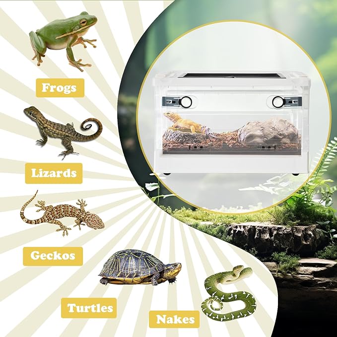 PINVNBY Plastic Reptile Feeding Box with Wheels,Reptiles Breeding Enclosure Cages Transparent Amphibians Habitat Terrarium Tank Portable Transport Container for Lizard,Bearded Dragon(White)