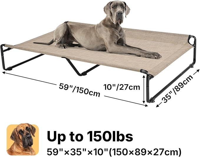 Veehoo Raised Dog Beds for XXL Dogs, Washable Dog Cot with Headrest Sides, Outdoor Elevated Dog Bed with Non-Skid Feet, Breathable Mesh, Cooling Pet Hammock for Indoor or Camping, 59", Beige