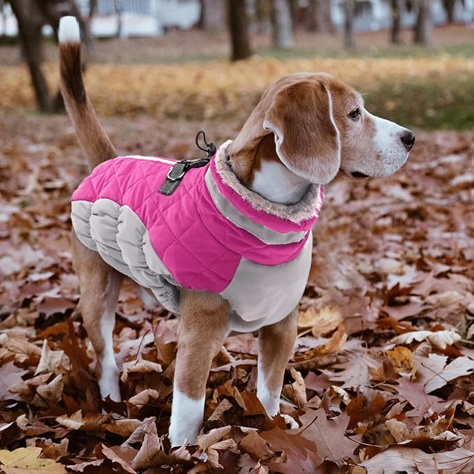 Lelepet Dog Coat Warm Dog Winter Coat Waterproof Dogs Jacket with Harness Built in Reflective Pet Fleece Vest Zip-Up Cold Weather Coats for Large Dogs Turtleneck & Windproof Coats Pitbull Rose Red 2XL