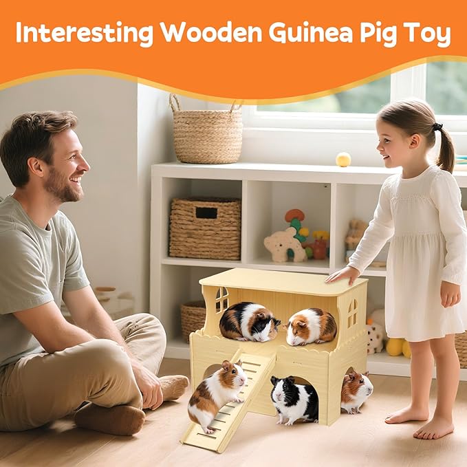 Large Two-Level Guinea Pig Hideout, Wooden Guinea Pig Castle with House, Platform and Stairs, Detachable Guinea Pigs House, Easy Assembly Accessories for Chinchillas, Hamsters, Rabbits and Guinea Pigs