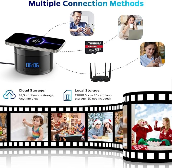 Smart Security Camera - 1080P Indoor Cameras for Home Security - Pet/Dog Camera with Motion Tracking - 15W Fast Phone Charger - Digital Clock