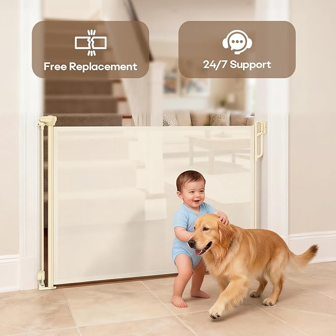 SPACEANY Retractable Safety Baby Gate or Mesh Dog Gate,Durable Portable Mesh Retractable Gate,Easy to Use for Stairs, Doorways, Hallways, Indoor, Outdoor, 33.5" Tall, Up to 55" Wide, Cream