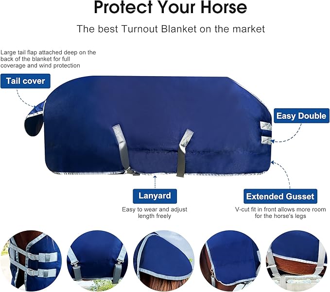 1200D Winter Horse Blanket for Real Horses | Medium Weight Turnout Blanket for All Seasons | 220g | Sizes 72" 78" 81" (Navy Blue, 78 in)