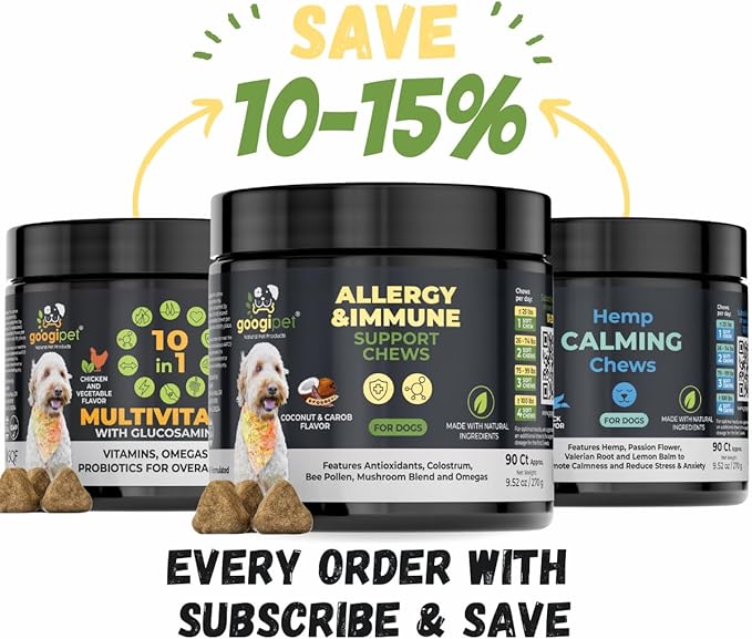Googipet Dog Allergy Chews, Seasonal Dog Allergy Relief & Itchy Skin Relief, Skin & Coat Supplement Colostrum, Coconut Oil, Omega 3 Fish Oil, & Bee Pollen for Dogs Itch Relief