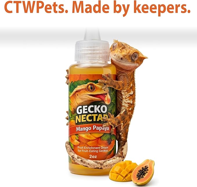 CTWPets Gecko Treat – Liquid Fruit Nectar Drops for Crested Gecko, Day Gecko & Gargoyle Gecko | Treat, Water Additive & CGD Mixer (2oz, Mango Papaya)