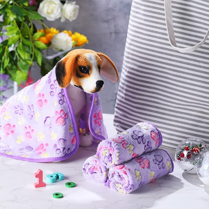 Tatuo 4 Pcs Dog Blanket for Pet Cat Blankets Indoor Puppy Teething Stuff Toys Paw Print Fleece Blanket Warm Sleep Mat for Guinea Pig Cage(Purple,Medium(30 x 20.5 Inch),Square)