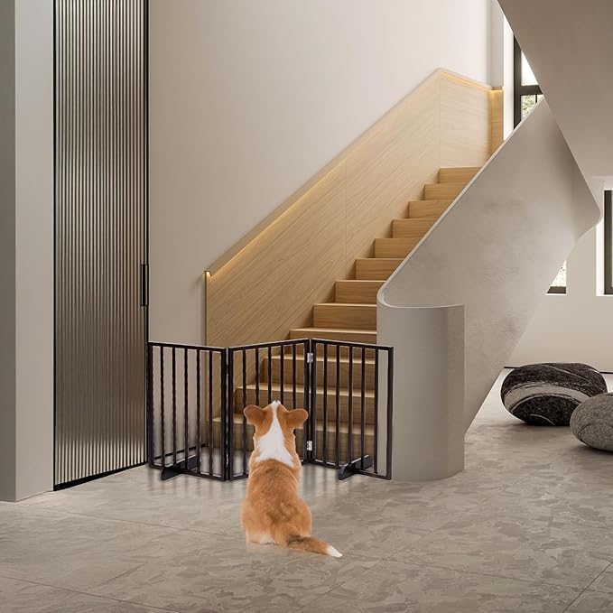 BONNLO Free Standing Dog Gate Indoor, Foldable Pet Gate for Dogs and Puppy, 24" Height Wooden Dog Gates for Doorways Extra Wide/Stairs/Hallways (Walnut, 3 Panel)
