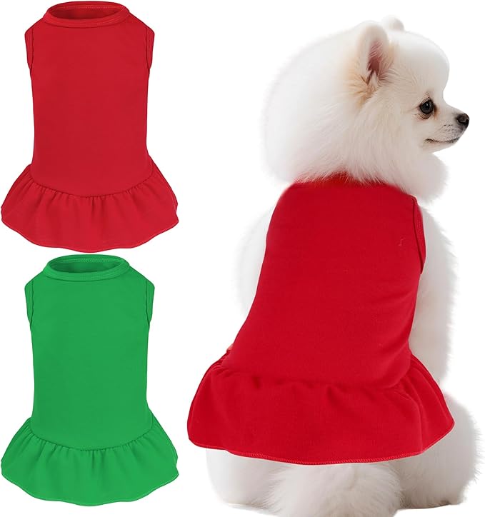 2 Pcs Dog Dresses Cat Skirt Solid Color Dog Clothes Summer Sleeveless Puppy Girl Clothes for Small Pet Dogs Cats (Red,Dark Green, X-Small)