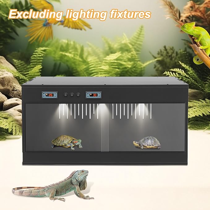 Reptile Breeding Box, Dual-Zone Temperature Controlled Terrarium Precision Thermostat Large PVC Glass Habitat with 3 E27 Lighting Heating Enclosure for Reptile Incubation Daily Feeding Display (Black)