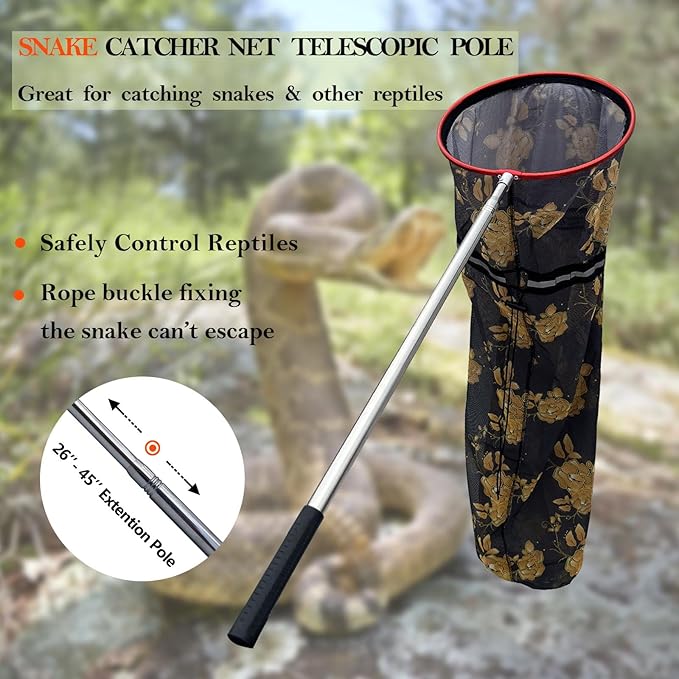 Snake Catcher Net, Rattlesnake Grabber Handling Tool Large Reptile Closure Net, Snake Traps Telescopic Pole Stick, Rattle Snake Moving and Catching Picker with a Handle Extendable from 26'' to 45āā
