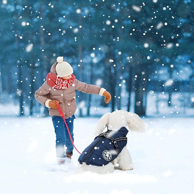 Warm Dog Winter Coat, Dog Cold Weather Jacket with Built-in Harness, Reflective & Adjustable Comfortable Pet Vest, Windproof Apparel for Small Medium Large Dogs (Navy)