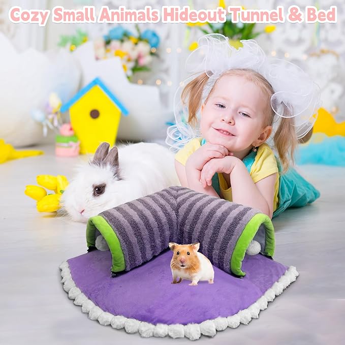 PINVNBY Guinea Pig Hideout Tunnel Bed Washable & Removable Rabbit Tubes Cozy Small Animal Tunnel Toys Guinea Pig Accessories for Hamster Hedgehog Chinchilla Ferret (Purple)