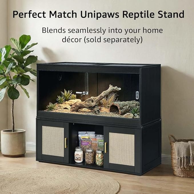 unipaws 110 Gallon Reptile Tank for Lizards, Bearded Dragon Enclosure Terrarium, Large Stackable Cage with Glass Sliding Doors and Lock and Cable Port, Black