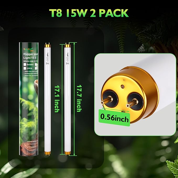 UVB Light for Reptiles Bearded Dragon, 2 Pack T8 UVB Reptile Light UVB Bulb 10.0 15W UVA UVB Reptile Light Bulb Terrarium Light Lamp Tube for Turtle Chameleon Leopard Gecko Snake Tank, 18 Inch