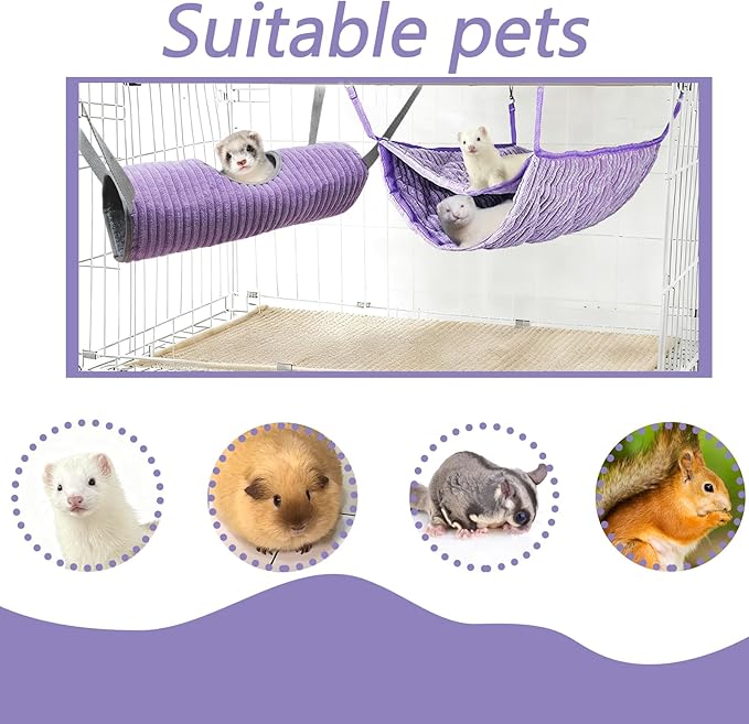 kathson 4 PCS Ferret Hammock Set,Guinea Pig Hammocks Hideout Bed,Ferret Hanging Play Tunnel,Soft Rat Hammock Sleep Beds Cage Accessories for Sugar Glider,Hamster Chinchilla