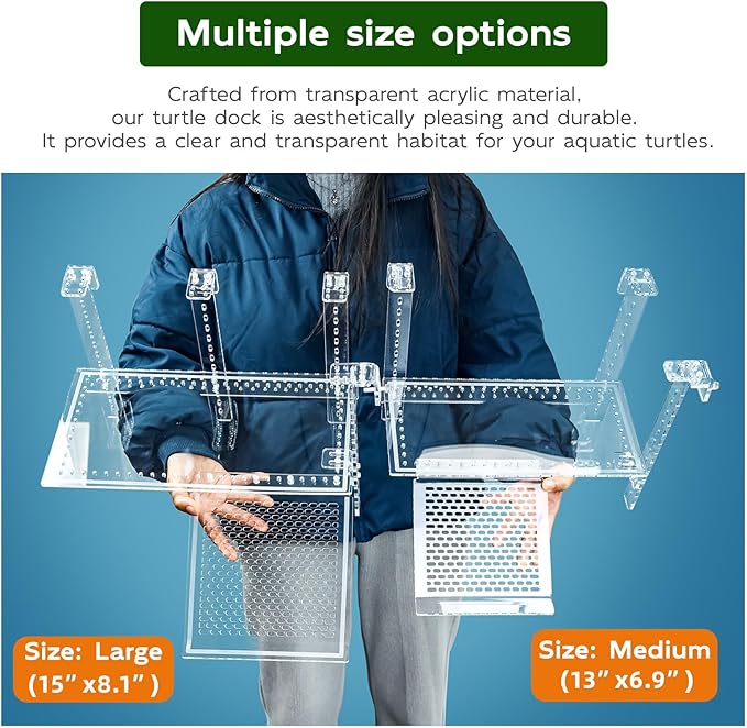 Hanging Turtle Dock Turtle Tank Accessories Adjustable, Large Basking Platform with Freely Installable Climbing Ramps for Aquatic Turtles Sturdy, Wobble-Free Design in Acrylic Material (15")