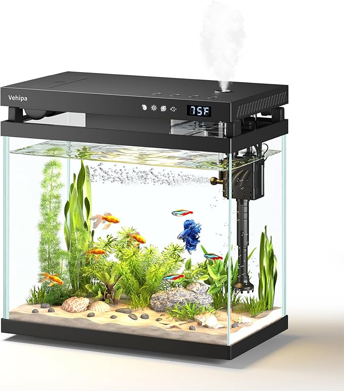 Fish Tank, 2.2 Gallon Smart Aquarium, Small Fish Aquarium Kits with Smart Humidifier, Auto Feeder, Silent Water Pump, Temperature Display & 7-Color Lighting, for Office & Home - Black
