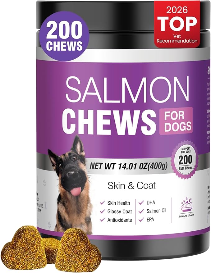 Omega 3 Skin and Coat Supplement for Dogs 200 Chews Dog Fish Oil Supplements with EPA & DHA Fatty Acids Dry Skin Relief for Dogs Shedding Allergy Itching Promotes Heart Hip Joint Health Salmon Flavor