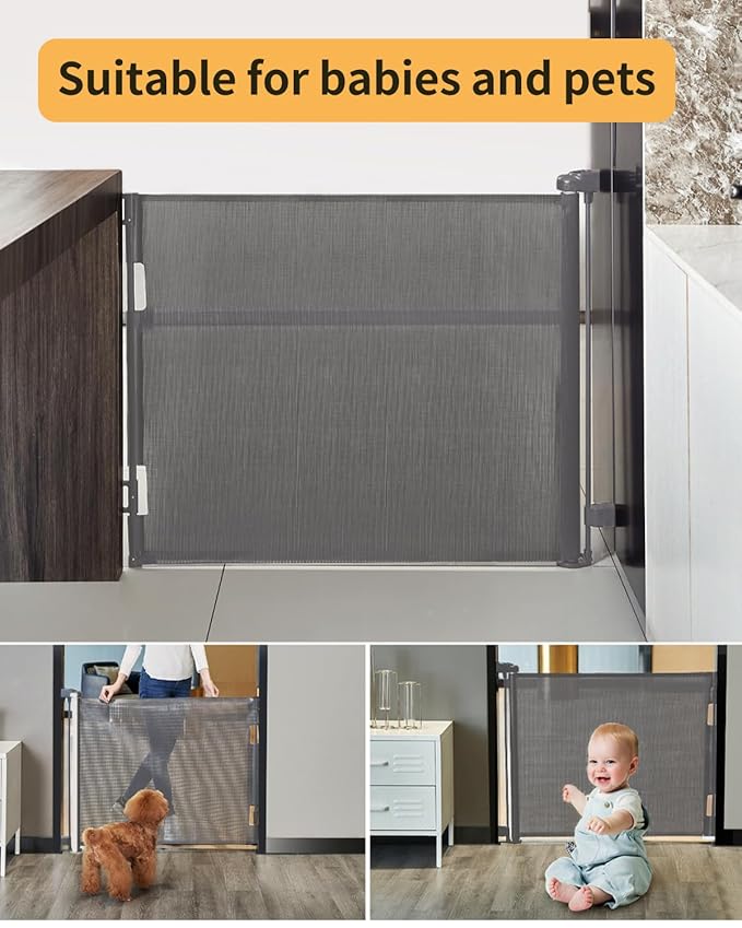 AOURMKOOP Retractable Baby Gate,Mesh Baby Gate or Mesh Dog Gate,33" Tall,Extends up to 55" Wide,Child Safety Gate for Doorways, Stairs, Hallways, Indoor/Outdoor(Grey,33"x55"