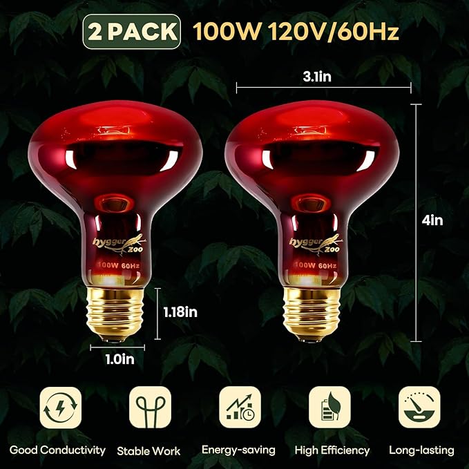 Reptile Heat Lamp Bulbs, 2 Pack 100W Infrared Heat Lamp Red Light Bulb Basking Bulb Terrarium Night Light for Bearded Dragon Chameleon Turtle Snake Gecko Lizard Chicken Tank Accessories, Red