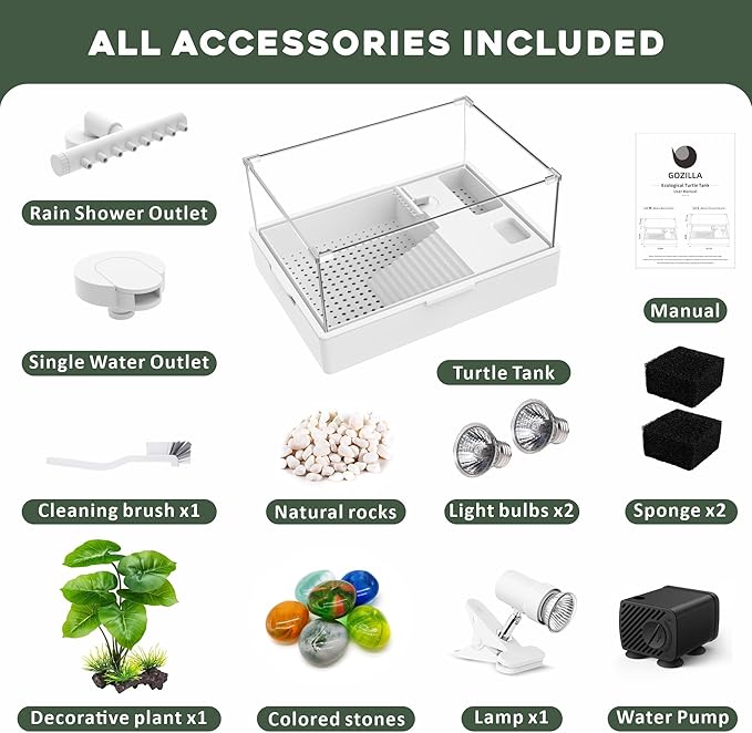GOZILLA Small Turtle Tank Kit+Water Pump+Lamp, Acrylic Turtle Tank Starter Kit with Adjustable 5W Water Pump and Timing/Dimming Lamp, Multi-Functional Area for Small Turtles(White Kit).