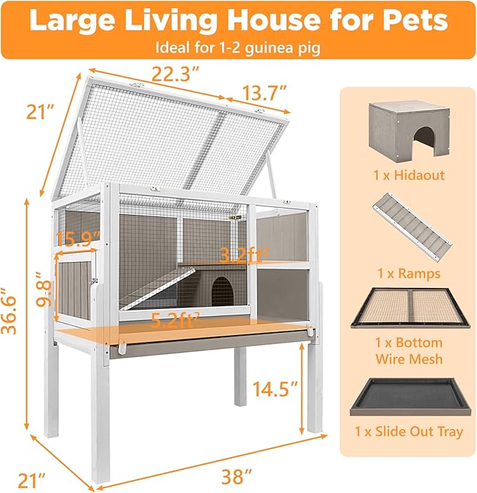 Easy-View 2-Storey Guinea Pig Cages Indoor, Wooden Guinea Pig Cages with 4 Detachable Legs, Leakage Pull-Out Tray, Metal Strip Ramp, Hideout, Ideal for Guinea Pig, Rabbit, Hamster, Hedgehog