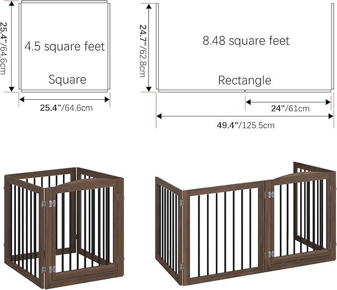 Vantas Folding Pet Gate 96" Wide, 30" Tall No-Assembly Wooden Dog Gate with Door Walk Through, Freestanding Puppy Safety Fence, with 2PCS Support - Brown