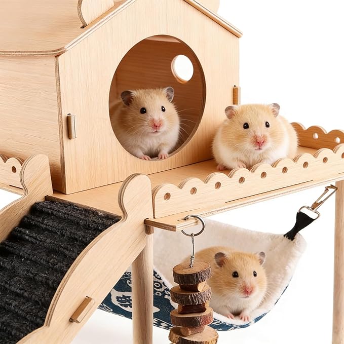 Guinea Pig Hideout Wooden Guinea Pig Castle with Stair, Hammock and House Detachable Double-Decker Guinea Pigs House for Guinea Pigs Hamsters Rabbit Chinchilla Small Animal Hiding Sleeping Activities