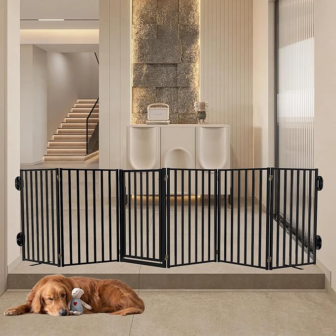 Full Metal Freestanding Dog Gates with Door, 36" Height Dog Fences for Indoor & Outdoor, Extra Wide Foldable Pet Gates for Stairs, Hallways, Doorways, Yard (6 Panels, 120" W × 36" H)