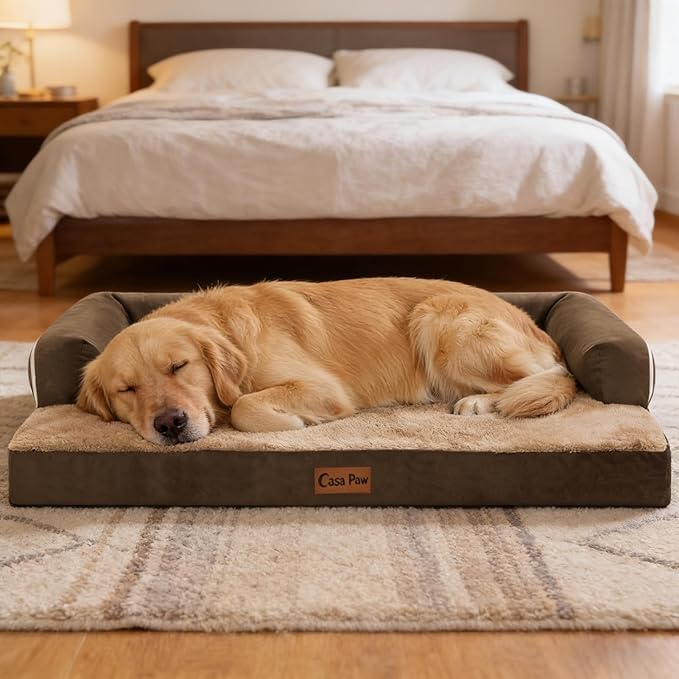 Orthopedic Dog Beds for Large Sized Dogs, Waterproof Egg Crate Foam Large Dog Couch Beds with Comfy Bolster 36x27Inch, Washable Pet Beds with Removable Cover and Nonskid Bottom, Brown