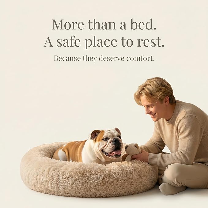 Calming Dog Bed for Medium Dogs Washable Donut 30 inches Anti-Slip Pet Bed,Round Fluffy Plush Faux Fur Cat Bed,Fits up to 45 lbs Pets,Beige