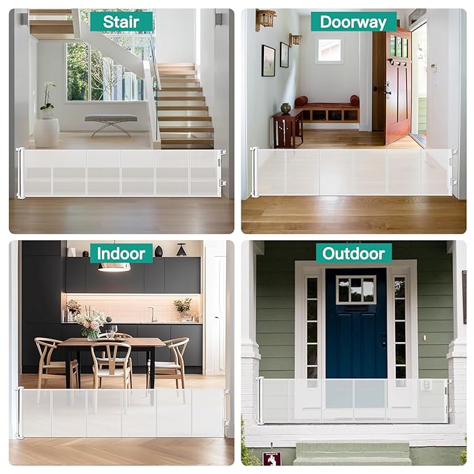 24 Inch Tall x 110 Inch Extra Wide Retractable Dog Gate for The House, Short Baby Gate to Step Over, Reinforced Mesh Puppy Gate for Doorways, Step Over Pet Gate for Stairs, Indoor/Outdoor, White