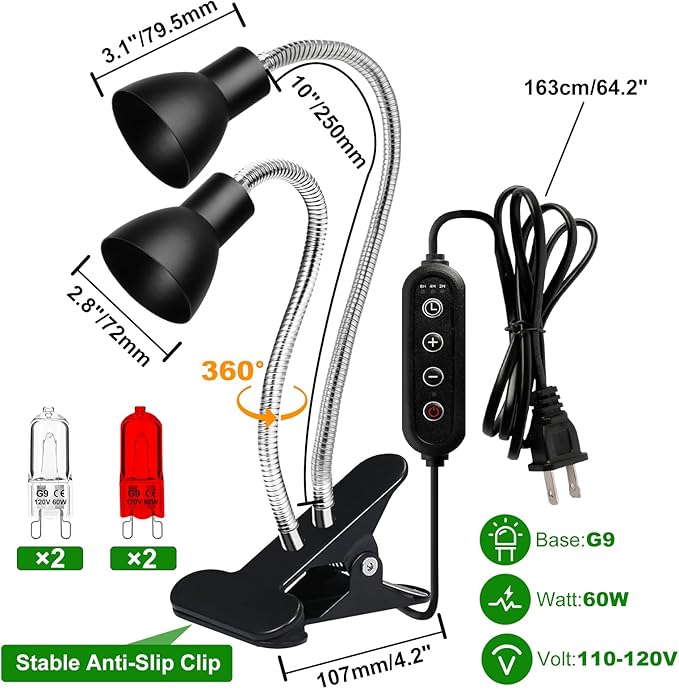Heat Lamp for Reptile,UVA UVB Light for Turtle,Bearded Dragon Basking Light Bulbs,Dimmable 360°Gooseneck UV Heating Lamp W/ G9 Mini Halogen Bulbs 60W (White*2,Red*2) for Tortoise/Snake/Lizard