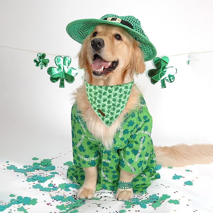St. Patrick's Day Dog Bandana, Shamrock Triangle Bid Scarf for Small/Medium Dogs, Cotton Kerchief - Green Shamrock Spring Bandana for Girls, Boys or Cats