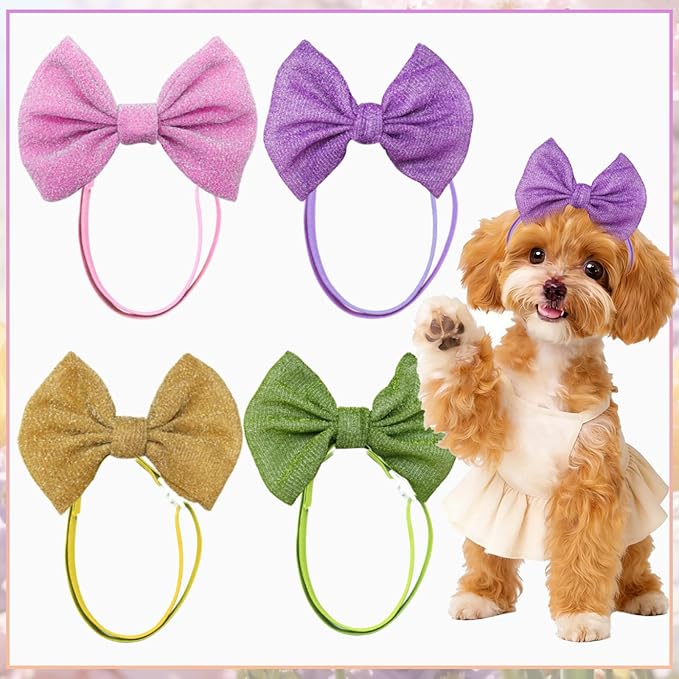 4Pcs Dog Hair Bow Headband for Small Medium Dogs, Adjustable Pet Dog Hair Bow Headband for Pets Puppy Cats Grooming Accessories (Solid Color C, for Puppies)