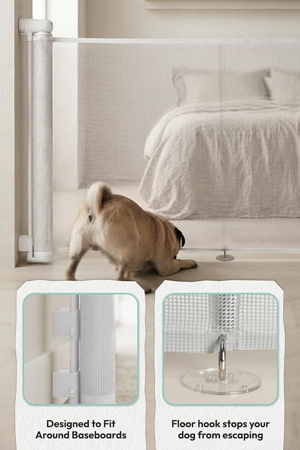 15.7" H Mesh Short Dog Gate, Extends Up to 59" W Retractable Pet Gate with Drill Installation, Small Dog Gate for Stairs, Easy Step Over Low Puppy Gate for Doorways Indoor Outdoor, White