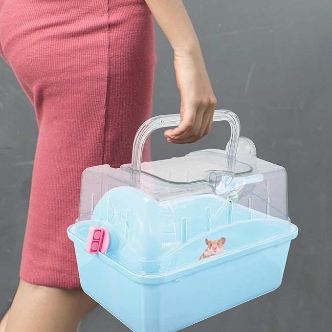DOITOOL Hamster Cage Small Animal Cage, Portable Travel Cage for Small Animals, Dwarf Hamster Travel Carrier with Carry Handle for Going Out, Traveling (Blue)