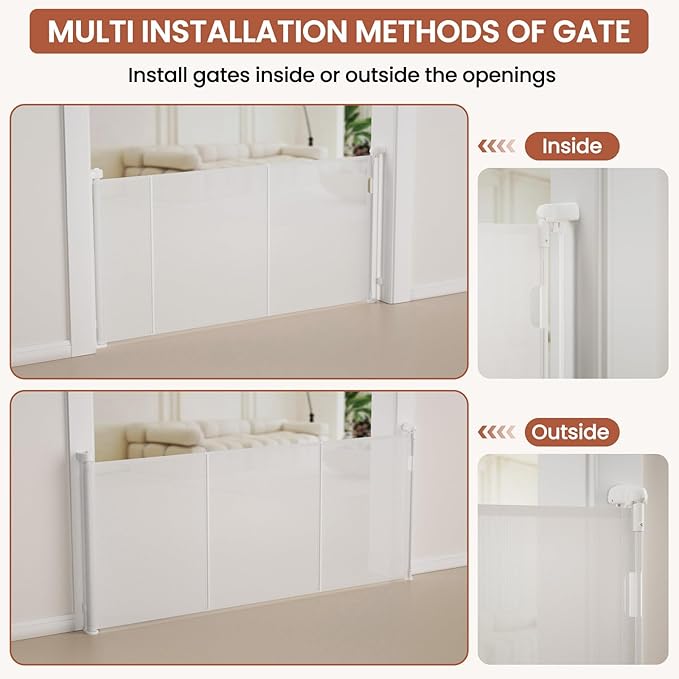 Upgrade Retractable Baby Gates Extra Wide(120" W x 42" H), 120 inch Reinforced Retractable Dog Gate to Prevent Crawling Through, Retractable Gate Outdoor/Indoor, Real One-Handed Operation, White
