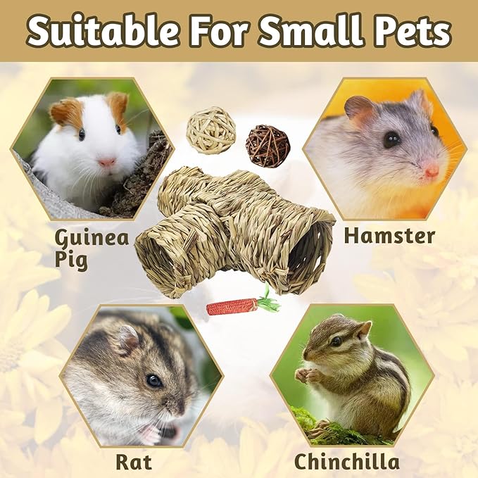 PINVNBY Hamster Grass Tunnel Toy Nature's Hideaway Guinea Pig Tunnels and Tubes Straw Tunnel House with 4 Entrances for Chinchillas Hedgehogs Rats Gerbils (4 PCS)