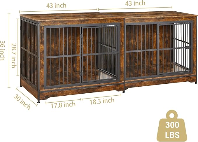 Rovibek 86" Stackable Dog Kennel Furniture with Removable Divider & 3 Doors, Double Dog Crates Furniture for 2 Dogs, Corner Dog Crate Furniture, Rustic Brown