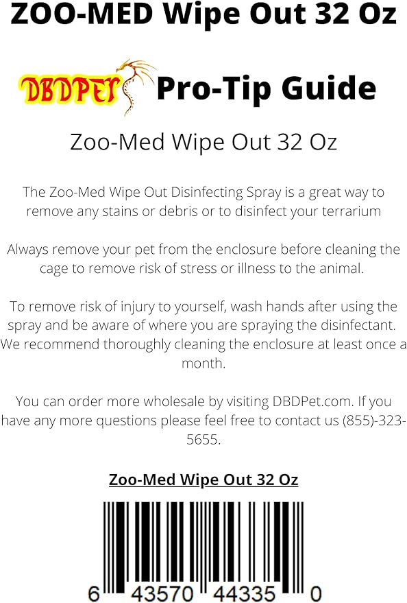 DBDPet Wipeout Reptile Terrarium Cleaner (32oz) - With Attached Pro-Tip Guide