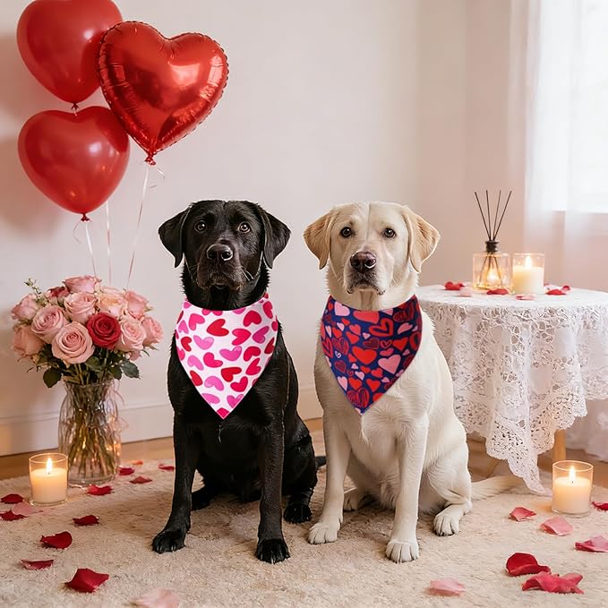 Valentine's Dog Bandanas Small 2PCS, Triangle Reversible Sweetheart Scarf for Boy and Girl, Love Bibs for Large and Small XS Cats