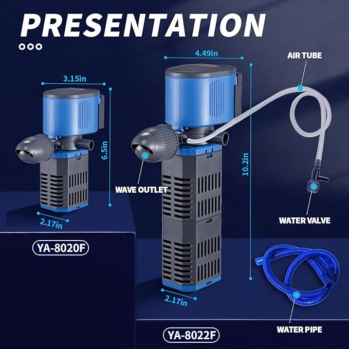Aquarium Filter for 40-150 Gal, 4 in 1 Silent Submersible Aquarium Filter Biochemical Filtration 475 GPH Powerful Water Pump Wavemaker