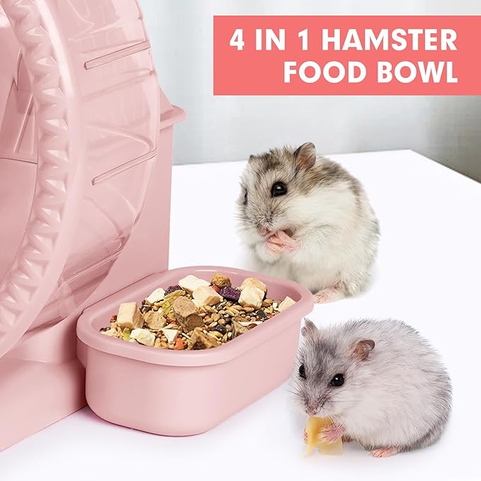 Hamster Toys 4 in 1 Multifunctional Super-Silent Exercise Toys Spinner Wheels with Water Bottle Food Container and Hideout Base Large Spinning Running Wheel for Rat Gerbils Mice (L,Pink)