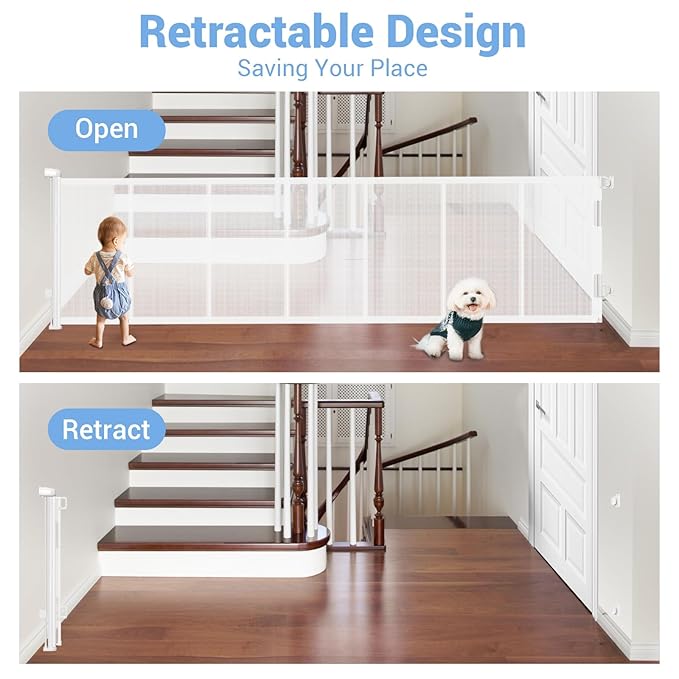 HAMOPY 120 Inch Reinforced Strip Extra Wide Retractable Baby Gate, 33" Tall, Prevent Crawling Through, Wide Extra Long Child Safety Gate for Indoor Baby Fence, Outdoor, Stairs, Deck(White)