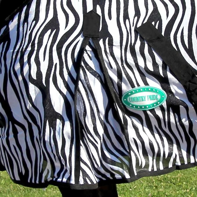 Country Pride Zebra Print Soft Mesh Fly Sheet for Horses, Summer Insect Protection, Adjustable Double Buckle Front, Shoulder Gussets, Removable Leg Straps, Breathable Mesh Horse Blanket (78 in)